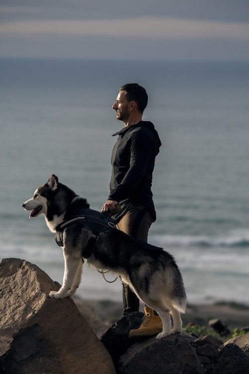 Playas volcanicas en Tenerife: hombre y su perro en las rocas