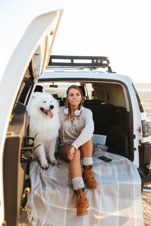 Van Life en Tenerife con Perro: Chica en furgoneta con perro